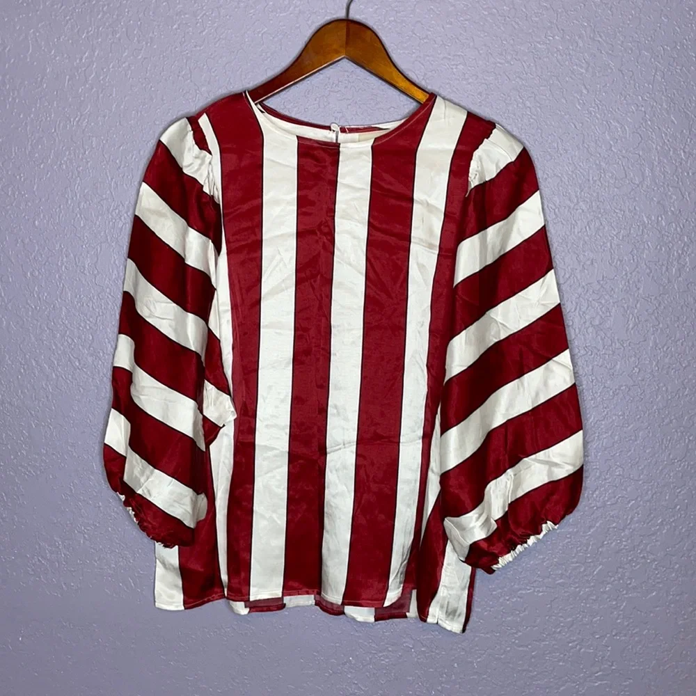Anthropologie Red and White Striped Puff Sleeve Blouse